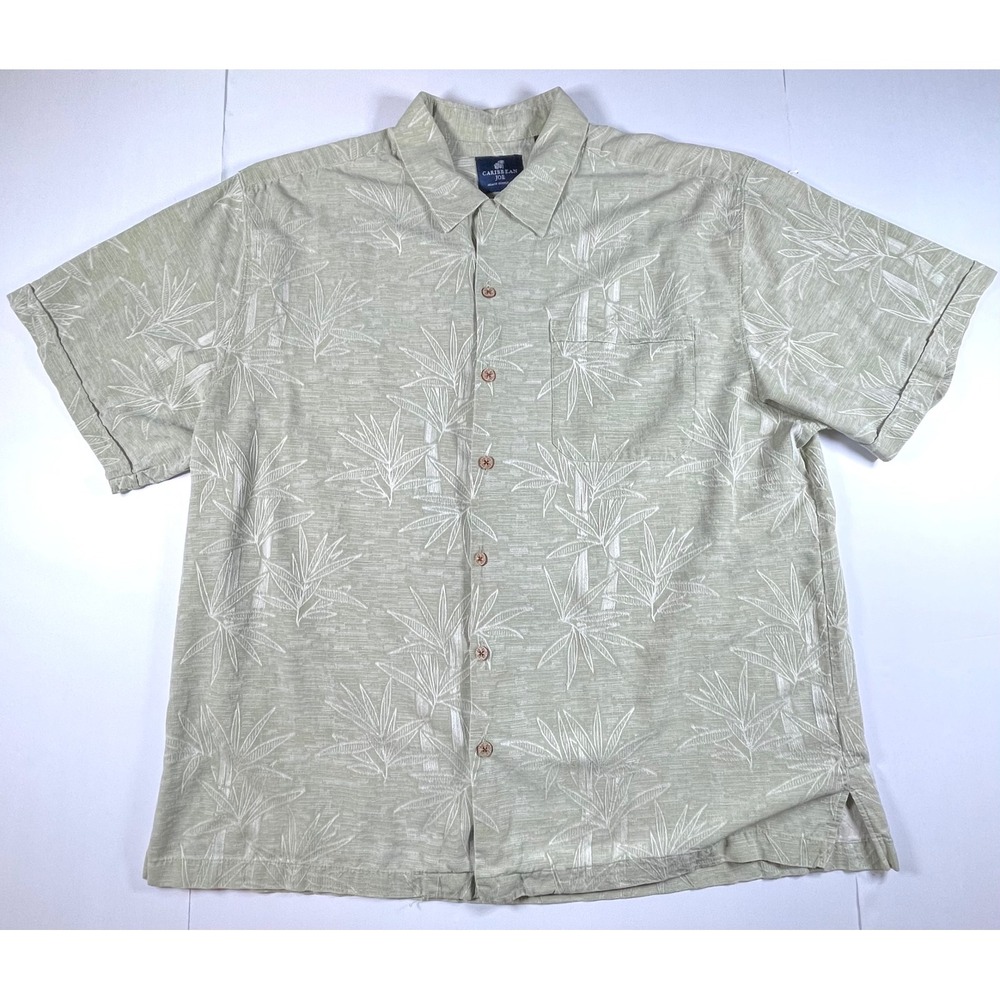 Caribbean Joe Silk Shirt Mens XXL Green Bamboo Leaf Button Down Short Sleeve